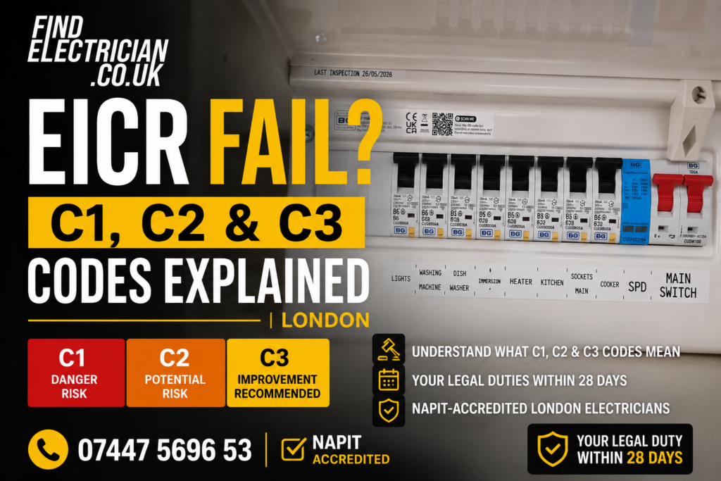 Electrical consumer unit showing an EICR inspection with C1, C2 and C3 electrical safety codes explained by NAPIT-accredited electricians in London.