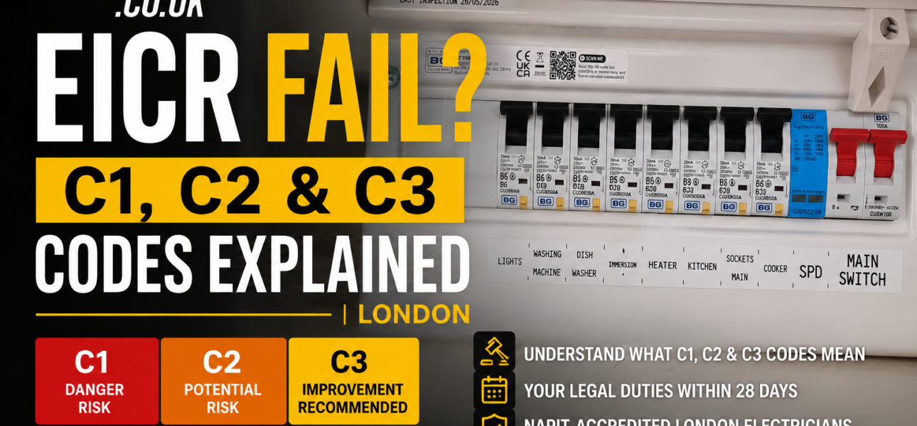 Electrical consumer unit showing an EICR inspection with C1, C2 and C3 electrical safety codes explained by NAPIT-accredited electricians in London.