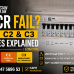 Electrical consumer unit showing an EICR inspection with C1, C2 and C3 electrical safety codes explained by NAPIT-accredited electricians in London.