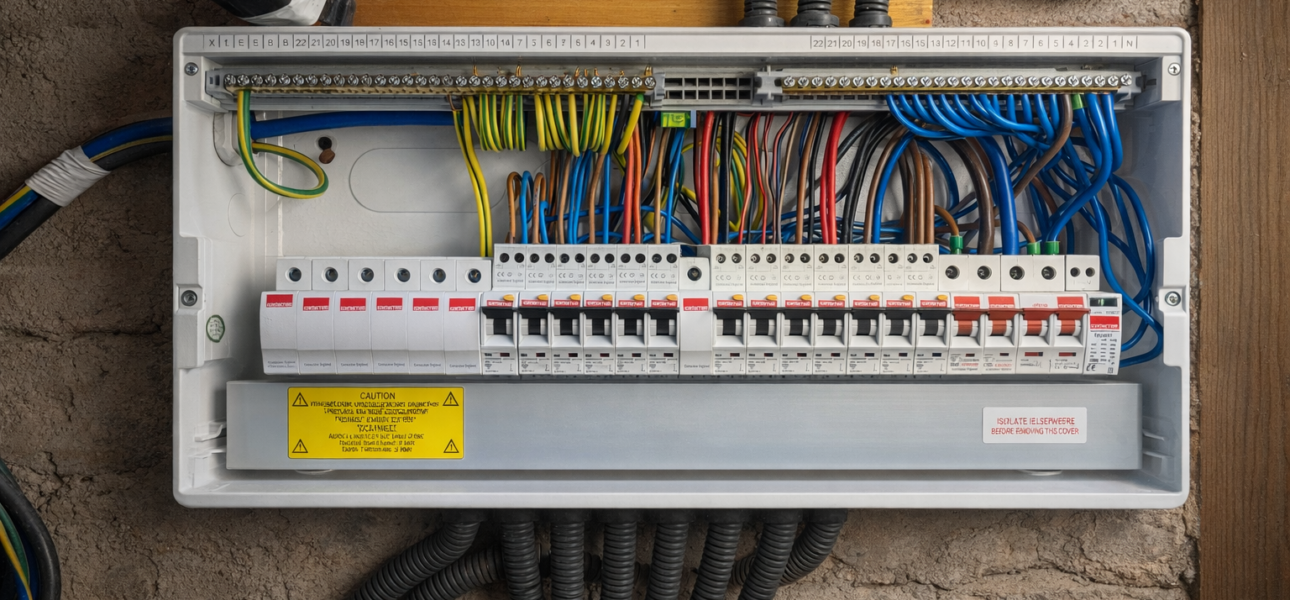 Open consumer unit showing RCBO circuit breakers and wiring inspected during an EICR electrical safety report